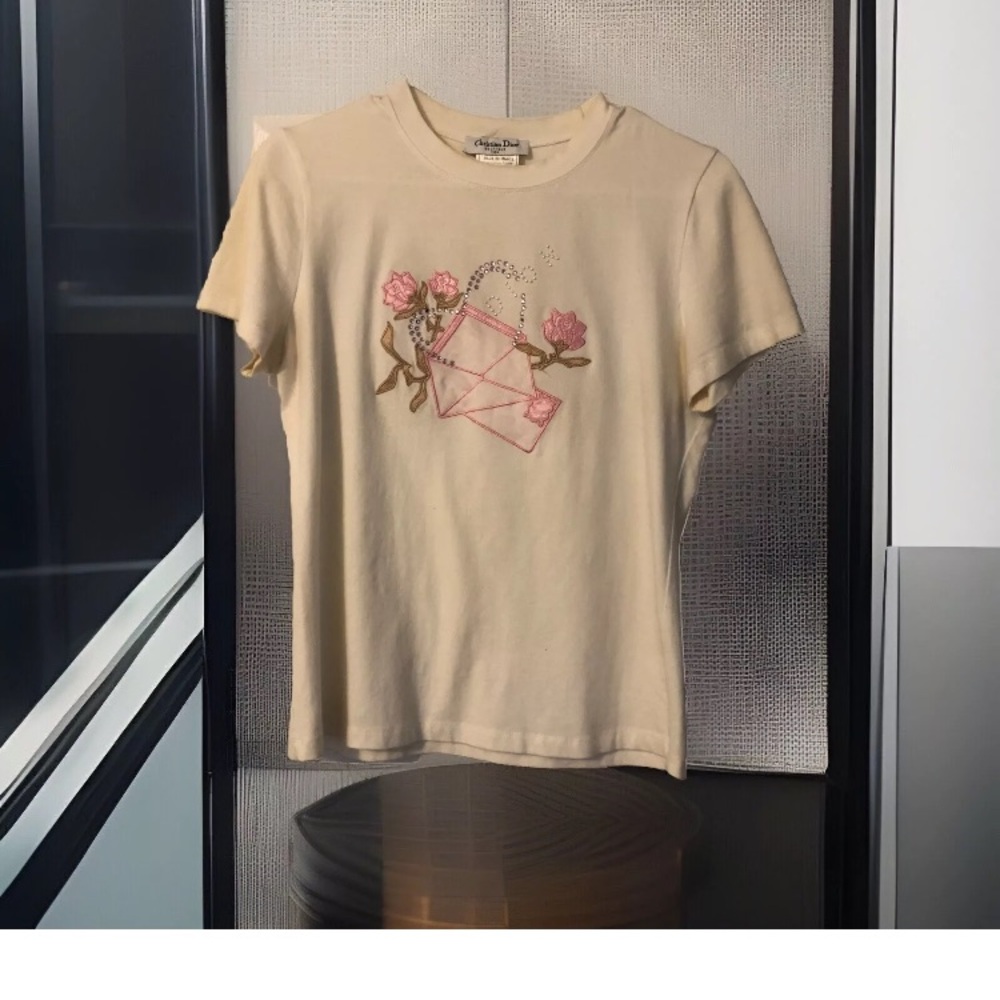 White w Floral & Envelope Christian Dior Vintage John Galliano Short Sleeve Top